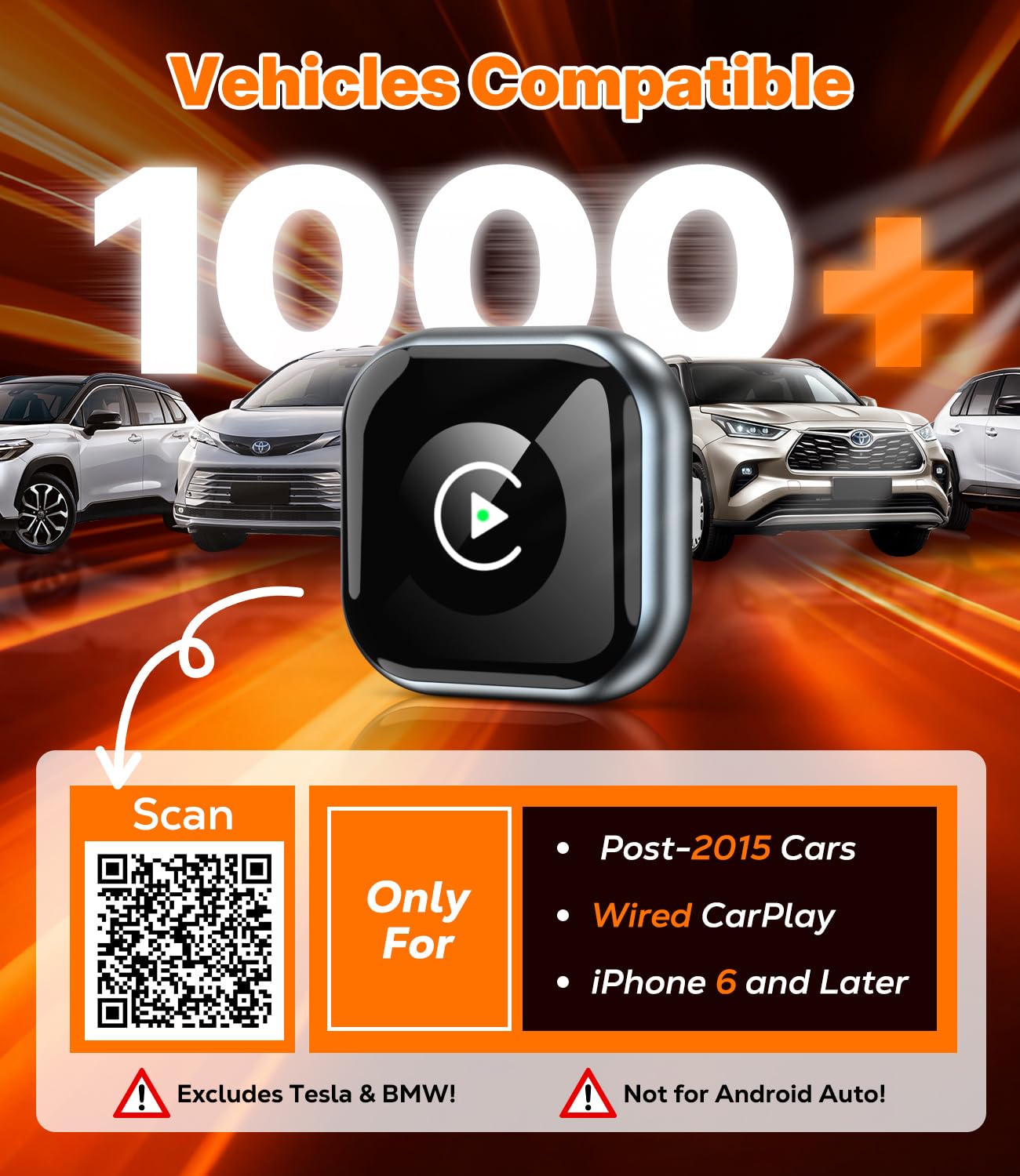 Wireless CarPlay Adapter for Apple iPhone - Convert Wired CarPlay to Wireless - USB C/A Plug and Play, Super Mini, Stable Bluetooth Connection, for iPhone iOS 10+ & Cars with Built-in Car Play
