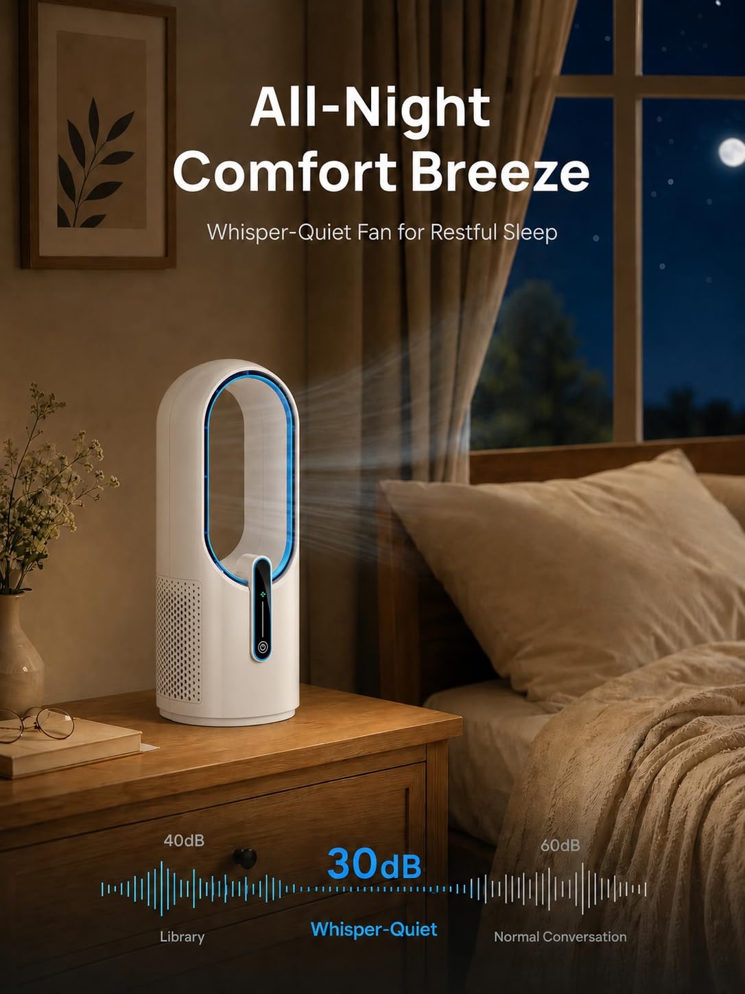 Misby Desk Fan, 11.8 Inch Portable Bladeless Fan, Small Quiet Rechargeable Fan with Battery, 3 Speeds, Touch Control, Easy to Clean, Personal Table Fan for Bedroom,Home,Office (White)