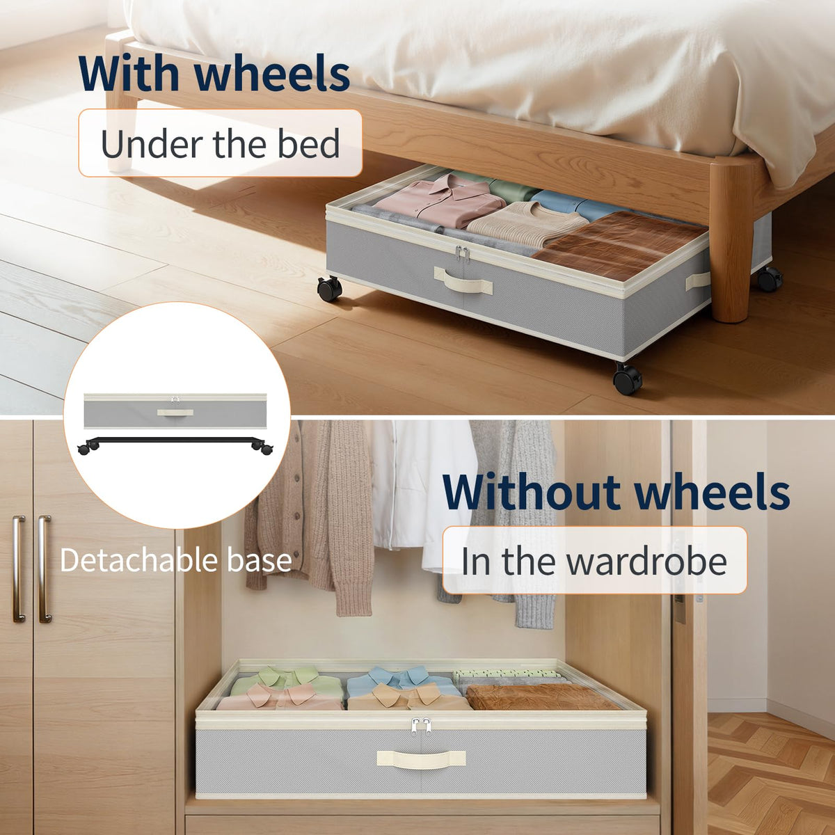 Yecaye 80L Under Bed Storage with Wheels, 2 Pack Under Bed Storage Containers with Lid, Rolling Underbed Storage Drawer, Metal Under Bed Shoe Storage for Clothes, Shoes, Blankets, Grey