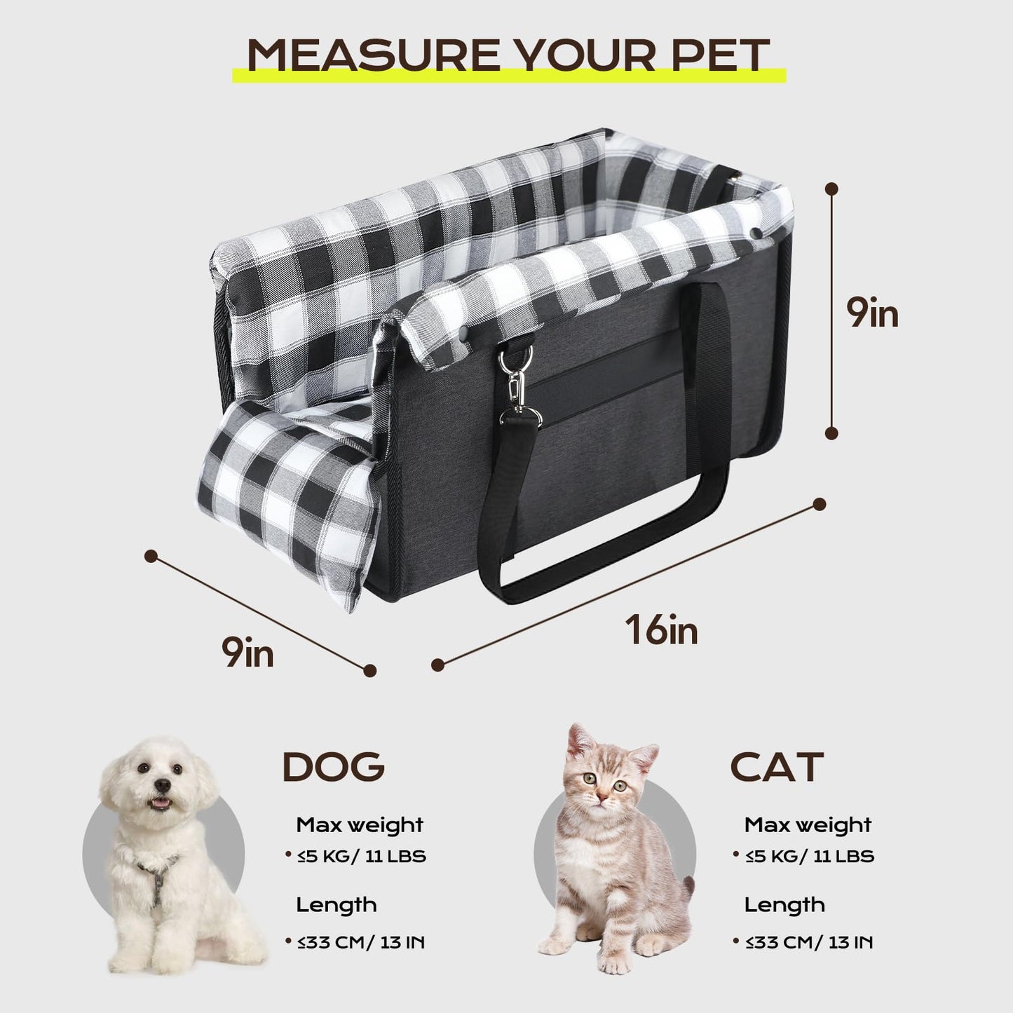 Center Console Dog Car Seat, Detachable and Washable Inner Lining Dog Car Seat Anti-Collapse Small Dog Pet Car Seat with Safety Belt Up to 11lbs(Black)