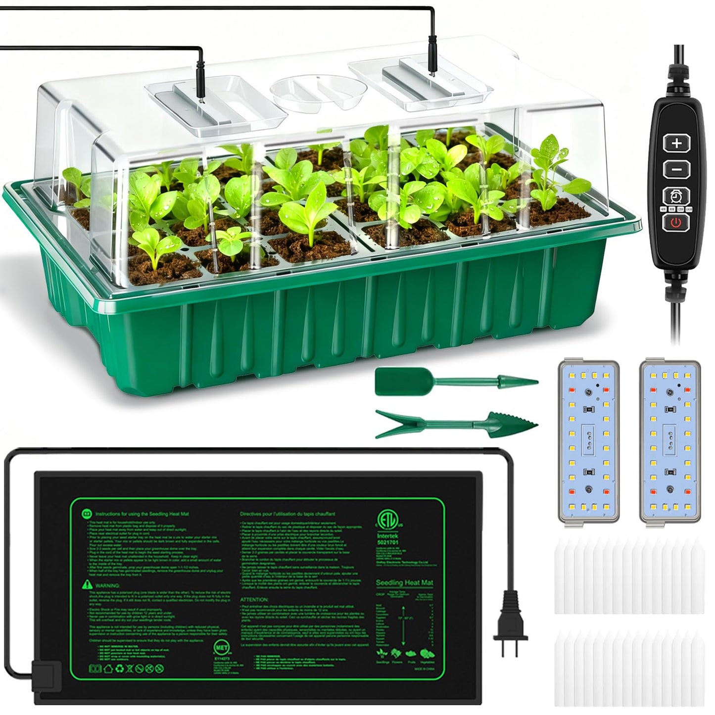 Kokopro Seed Starter Trays with Grow Lights and Heat Mat 24 Big Cell Plant Starting Kit 4 Timing Set Humidity Domes Heightened Lids for Small Mini Greenhouse Germination Seeds Growing Starting 1 Pack
