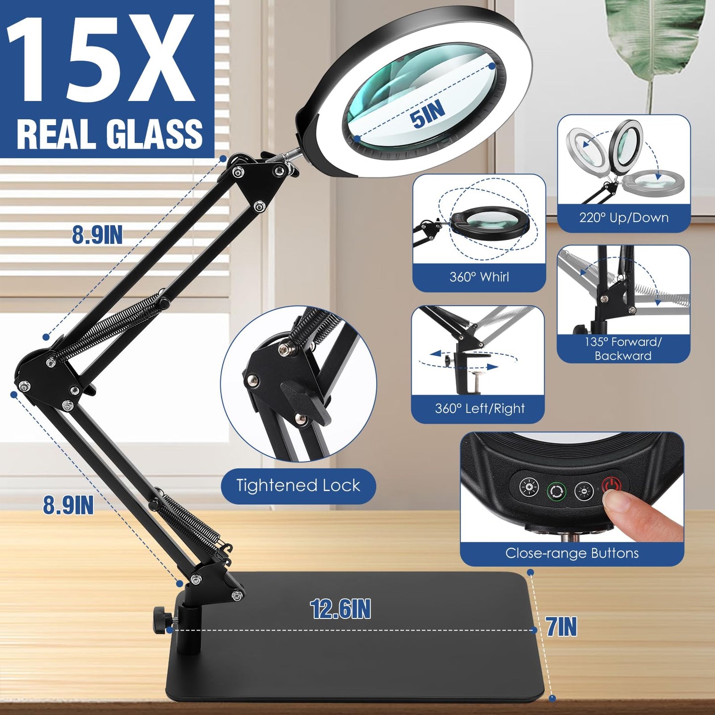 15X 5 Inch Large Magnifying Glass with Light and Stand, 2-in-1 LED Lighted Magnifier, 5 Color Modes Stepless Dimmable, Hands Free Magnifying Desk Lamp with Clamp for Craft Hobby Repair Close Works