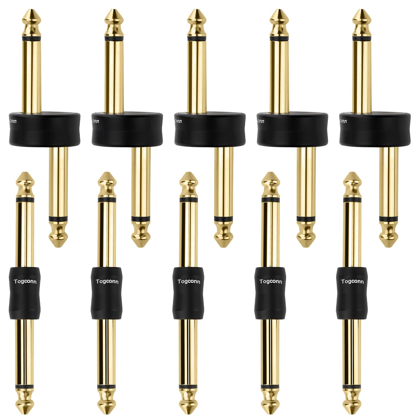 Togconn Gold-Plated Guitar Pedal Effects Patch Connector Coupler 10 Pack，6.35mm to 6.35mm Adapter, Angle 1/4 Quarter Inch TS Mono Male to Male Jack Plug, Audio Converter Premium Quality Series