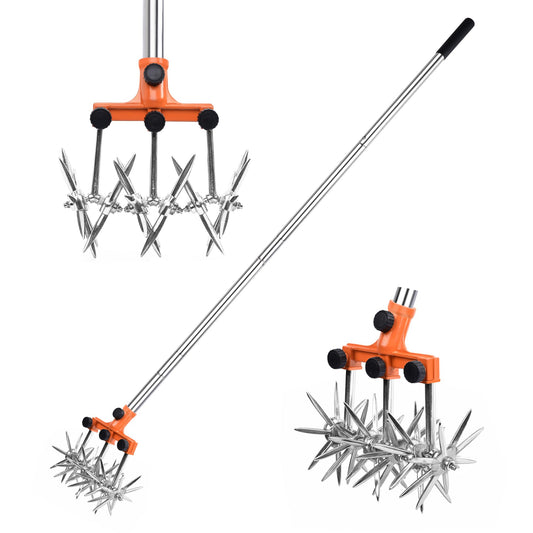 BARAYSTUS Rotary Cultivator Garden Rotary Tiller Adjustable Stainless Steel Poles Hand Tiller for Soil Mixing or Reseeding Grass Lawn Cultivator Total Length 57 Inch.