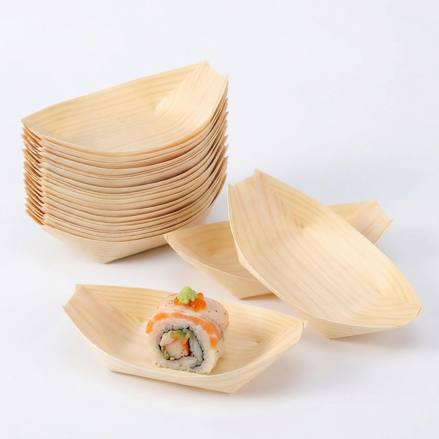 300 Pcs Mini Bamboo Boat Plates, Wooden Sushi Boat Serving Trays, 3” Disposable Pine Wood Bowl Plates for Appetizers, Desserts, Snacks, Biodegradable Catering Party Supplies