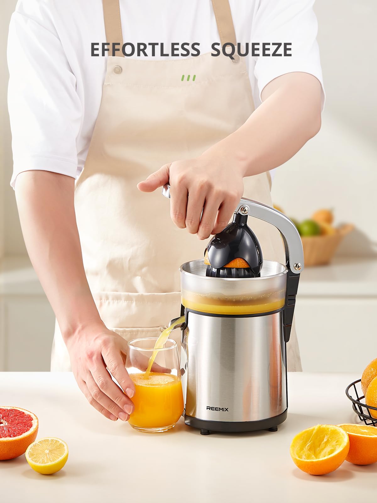 Reemix Electric Citrus Juicer - Orange, Lemon, Grapefruit Juicer with Stainless Steel Body & Transparent Juice Collector, Easy to Use for Fresh Squeezed Juice at Home