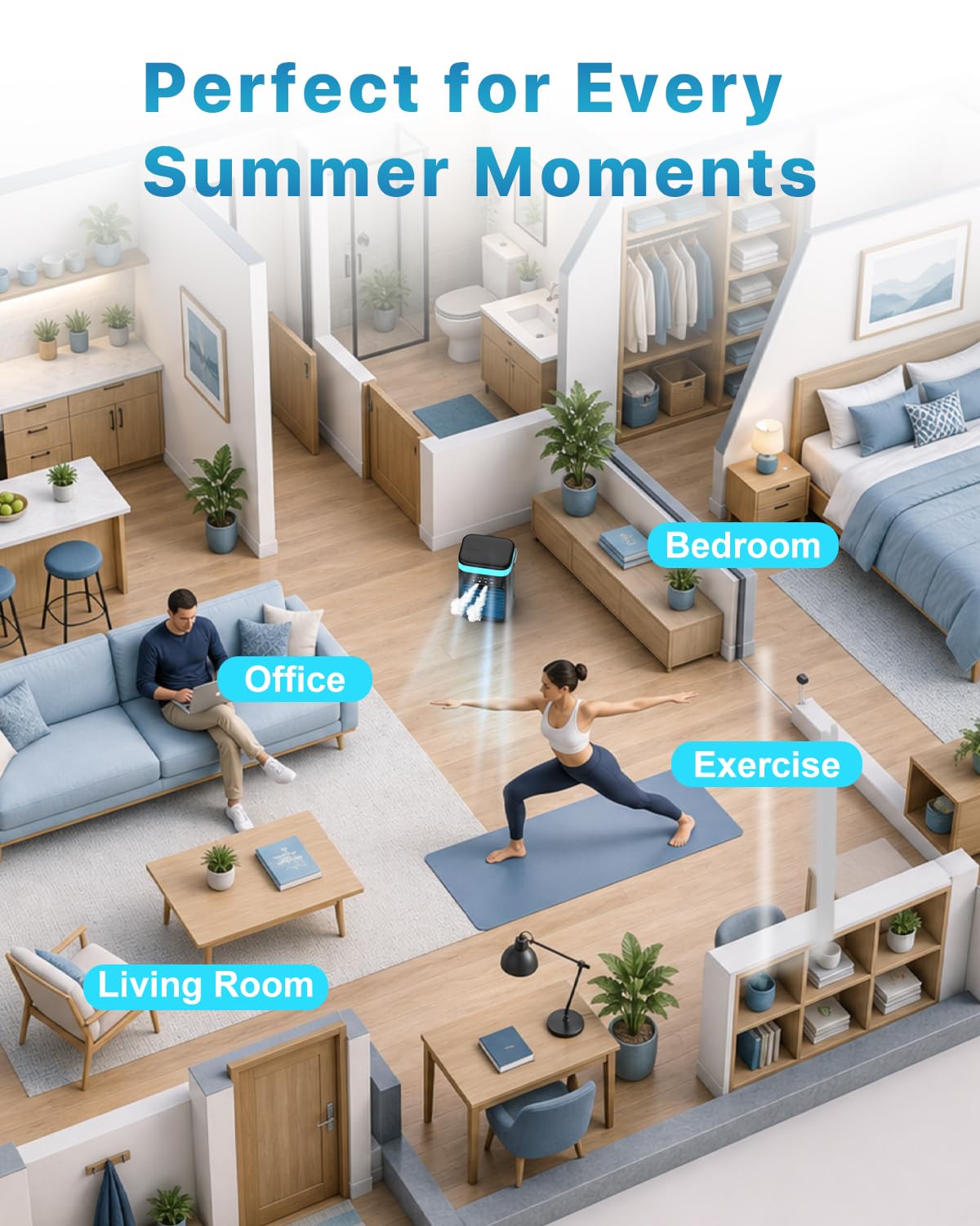 Portable Air Conditioner, 4-in-1 Evaporative Air Cooler, Personal Cooling Fan with 3 Speeds, 2 Mist Modes, 7 LED Night Light, 2-4H Timer