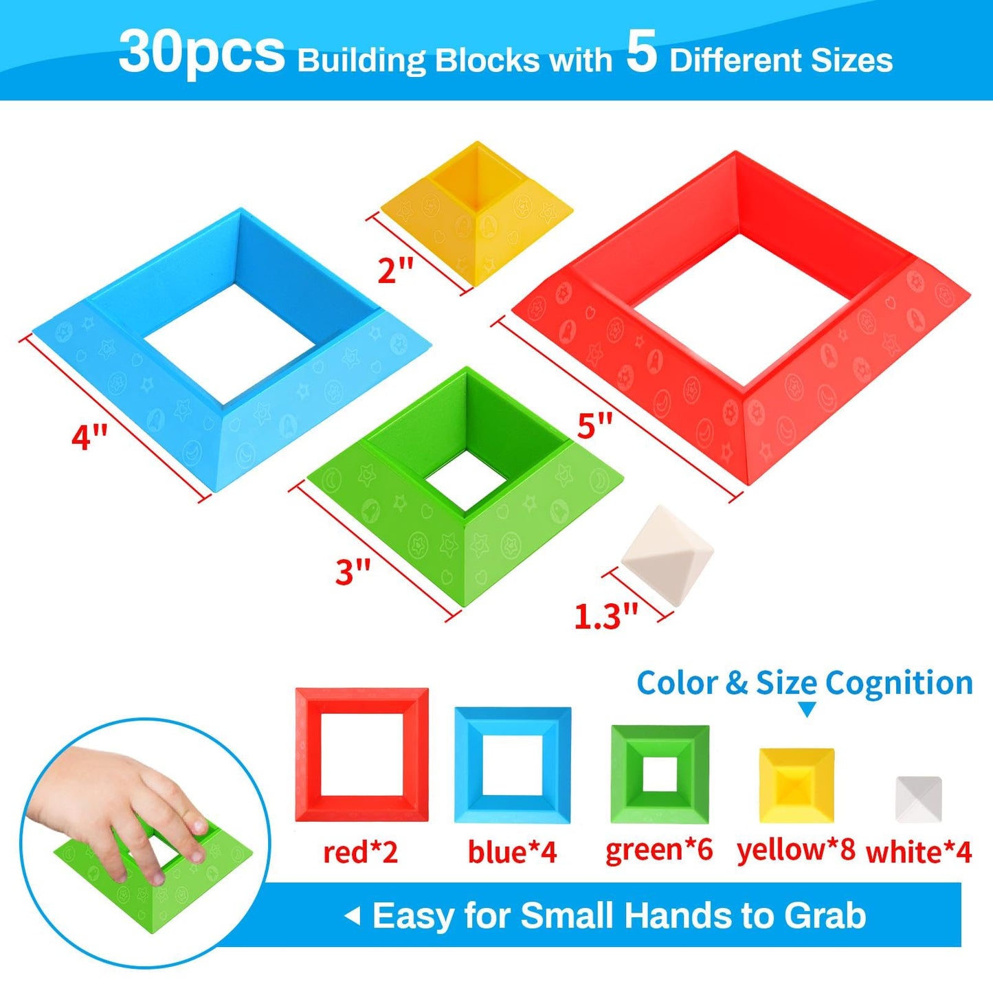 Montessori Toys for 3 4 5 Year Old Boy Girl 30Pcs Stacking Building Blocks Preschool Learning Activities STEM Manipulatives Toddler Toys Gifts for Kids