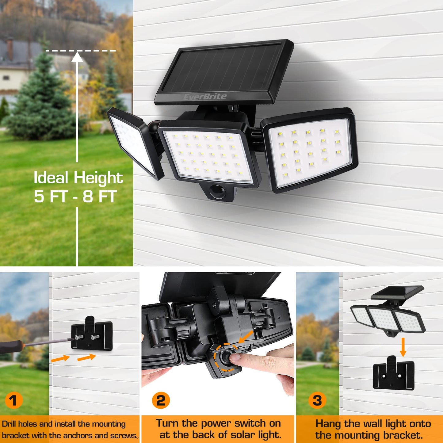 EverBrite Solar Sensor Lights Outdoor, 72 LED 1000LM Solar Motion Sensor Security Lights with 270° Wide Lighting Angle, IP65 Waterproof Bright Flood Lights for Garden Yard Garage Patio Pathway, 2 Pack