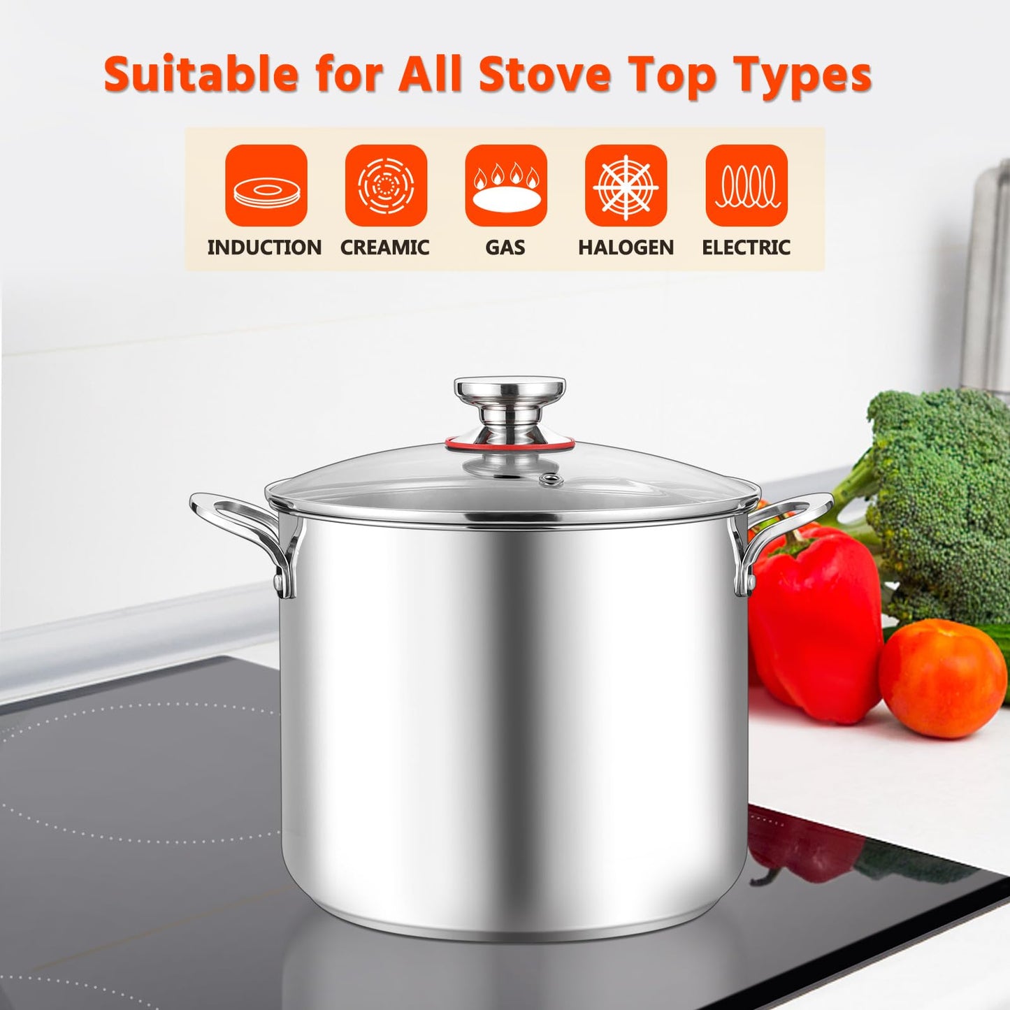 E-far 12-Quart Stock Pot, 18/10 Stainless Steel Stockpot with Lid for Cooking Simmering Soup Stew, Heavy Duty Cookware Works w/Induction, Non-Toxic & Corrosion Resistant, Dishwasher Safe