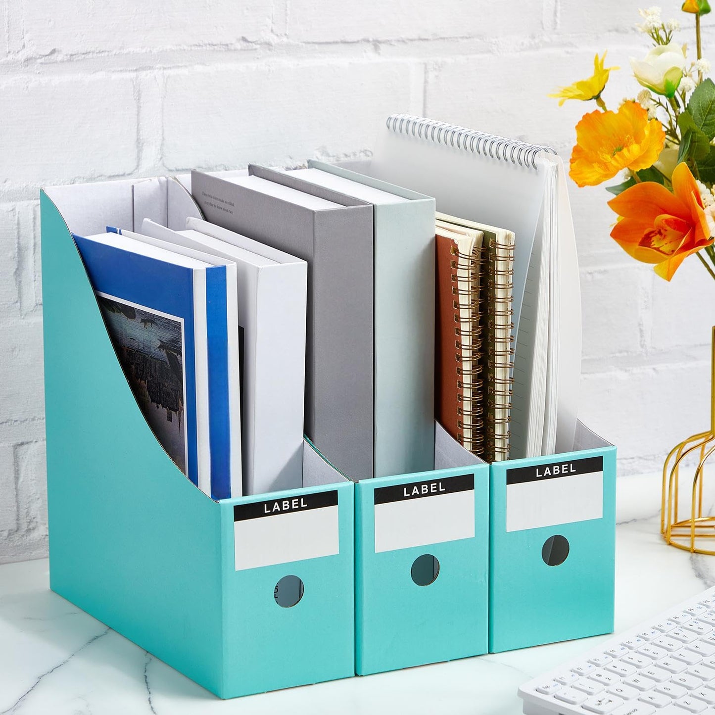 Thenshop 24 Pcs Cardboard Magazine File Holder Organizer, Desk File Organizer Box Foldable Book Bin Papers Storage Folder with Label for School Classroom Office Supplies(Classic,Mint)