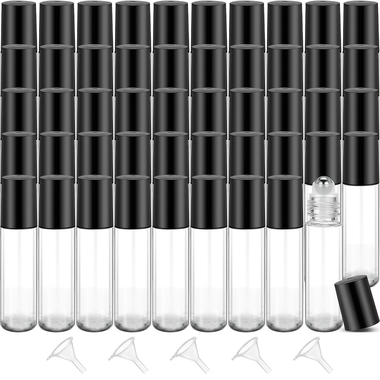 50 Pcs Essential Oil Roller Bottles, 10ml Empty Glass Roll on Bottle with Stainless Steel Applicator, Refillable Perfume Containers for Women Girls Travel, Wedding Baby Shower Party Gifts - Clear