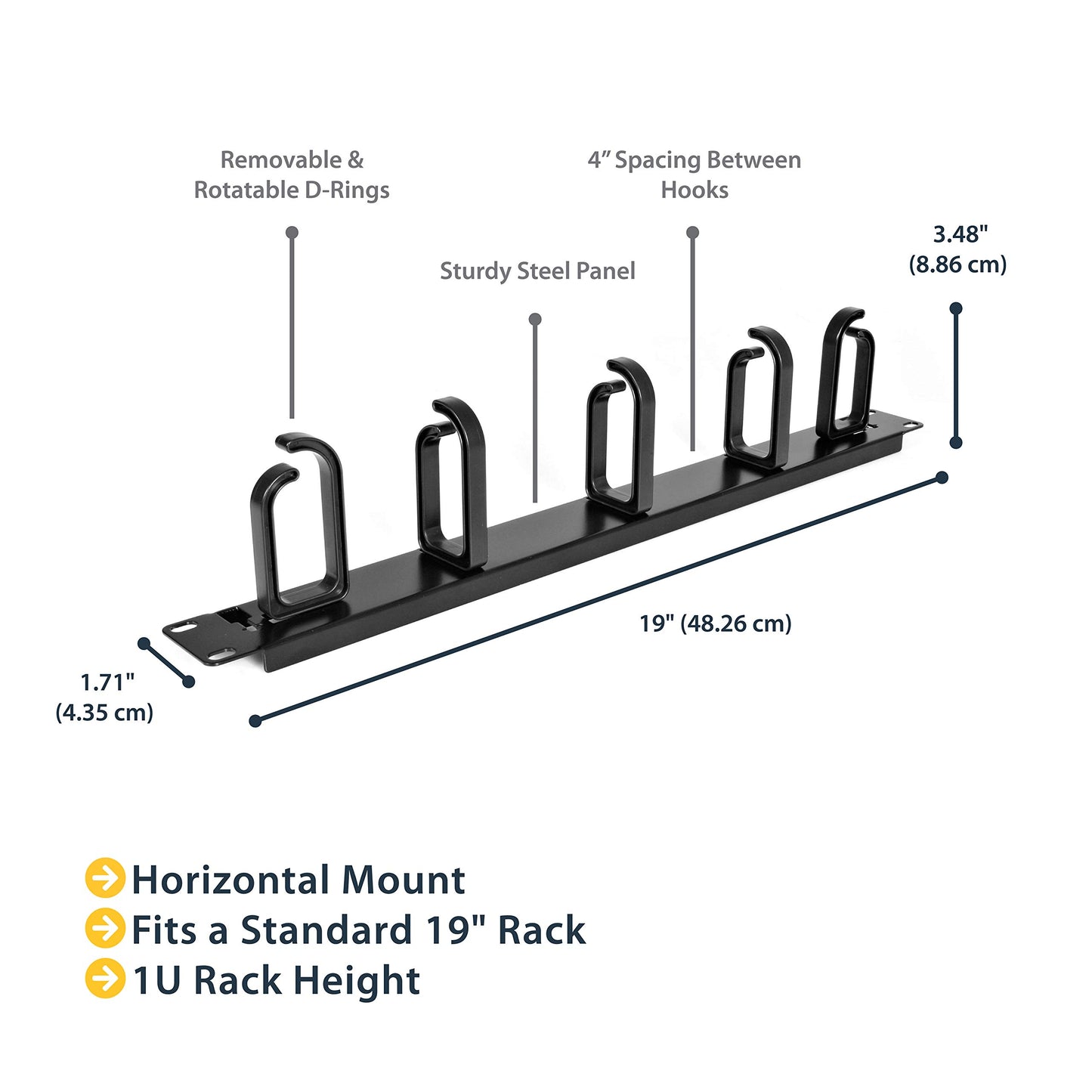 StarTech.com 19 Server Rack Cable Management Panel w/D-Ring Hooks - 1U Horizontal or Vertical Wire and Cord Manager - Metal (CABLMANAGER2)