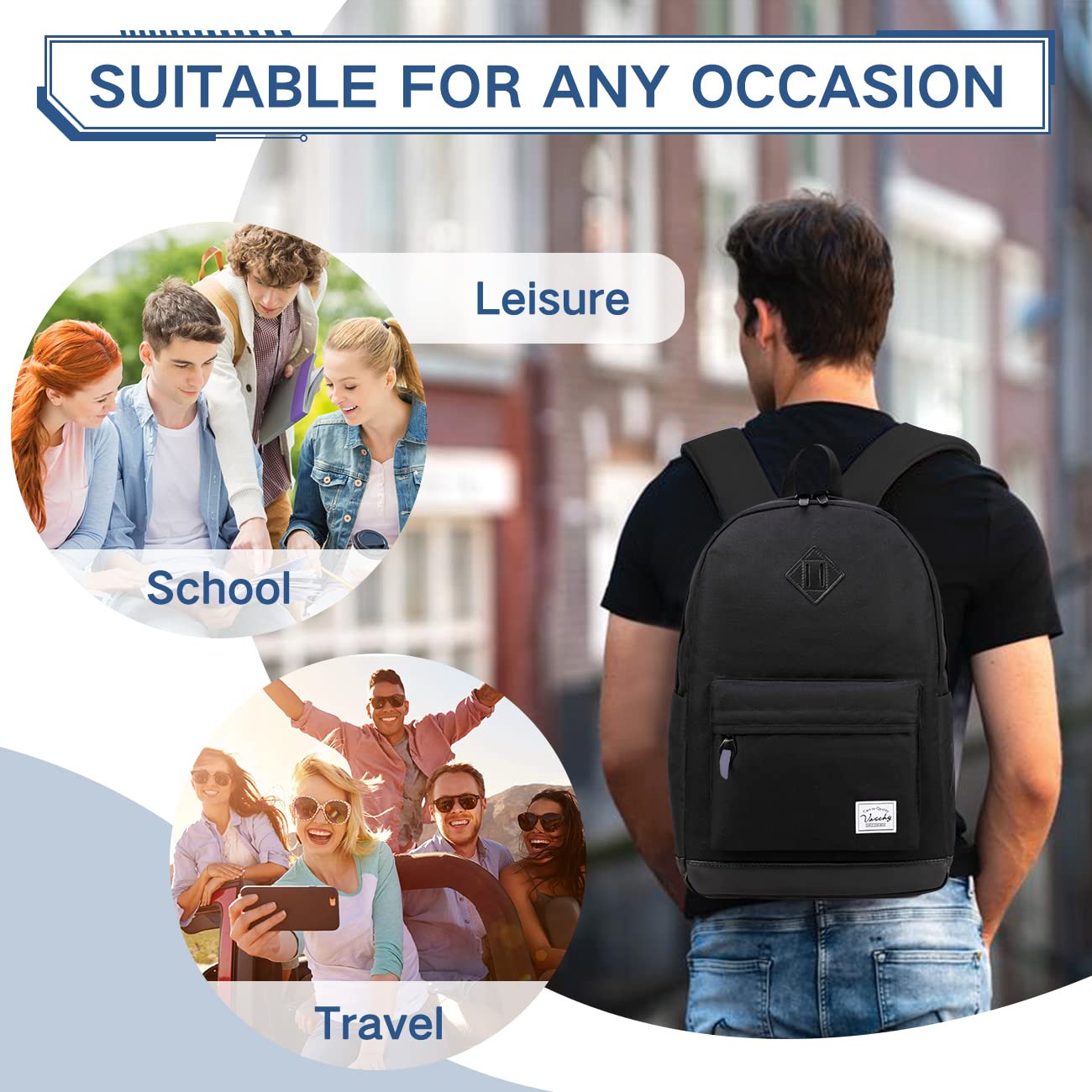 Backpack for Men Women, VASCHY Water-Resistant School Backpack Bookbag Daypack for Teens/College Students Plain Black