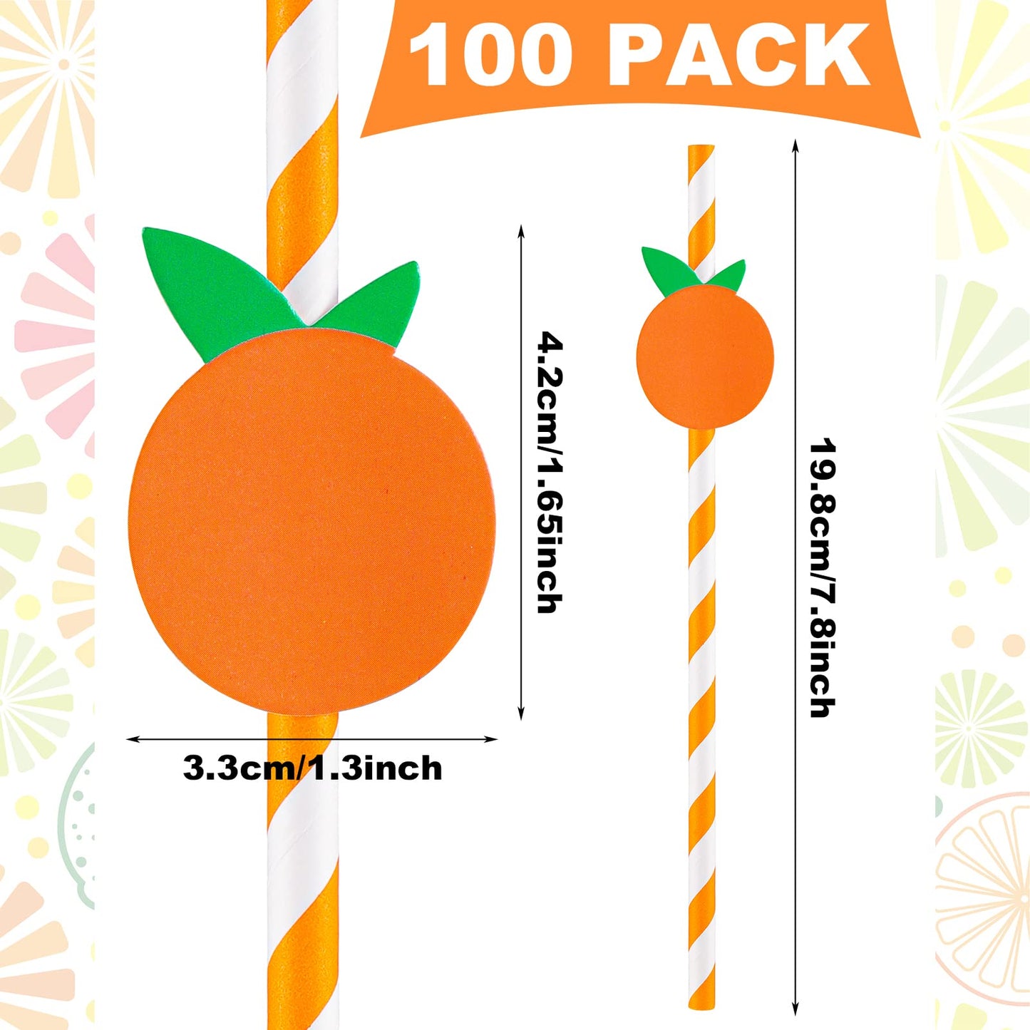 Vesici 100 Pcs Orange White Striped Paper Straws Cute Fruit Themed Disposable Drinking Straws for Baby Shower Birthday Carnival Summer Decoration Supplies Party 0.24 x 7.76 Inches