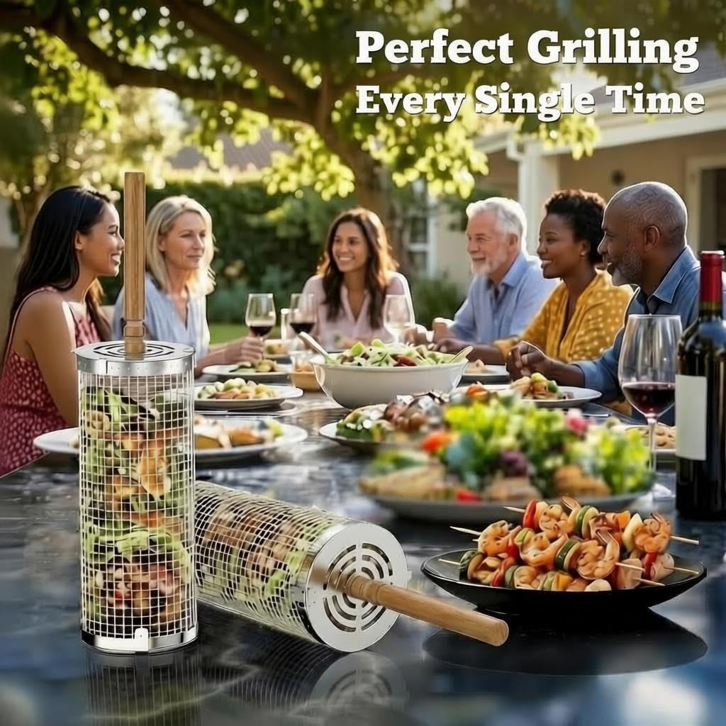 2 Pack Rolling Grill Basket, Removable Wooden Handle, 304 Stainless Steel, Smoker BBQ Accessories for Vegetable Fish Meat, Outdoor Grill Camping Backyard Cooking, Nesting BBQ Tools Birthday Gifts for Men Dad Husband