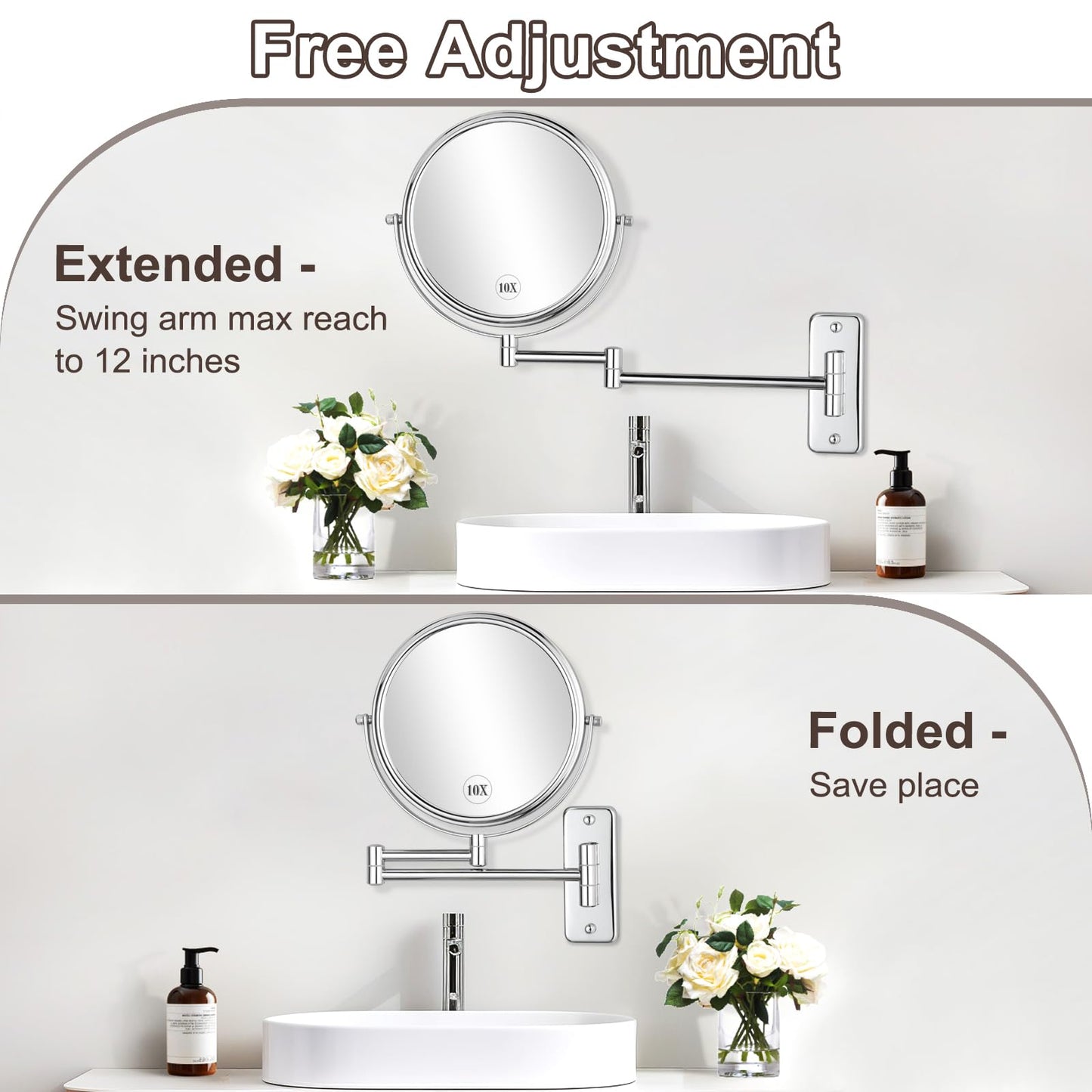 Wall Mounted Makeup Mirror, 10X Magnification 8 Inch Double Sided Swivel Extendable Bathroom Mirror, Chrome DECLUTTR