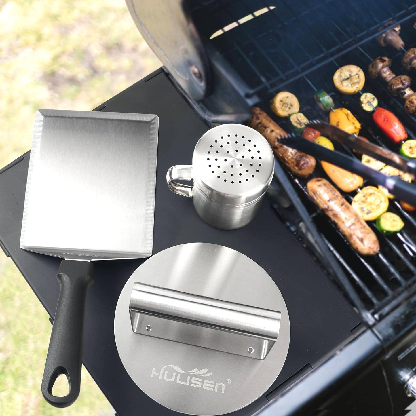 HULISEN Hamburger Tool Kit with Stainless Steel Round Burger Press, Grill Spatula and Spice Dredge Shaker, Burger Tools Griddle Accessories Kit for Camp Chef and Outdoor Grilling