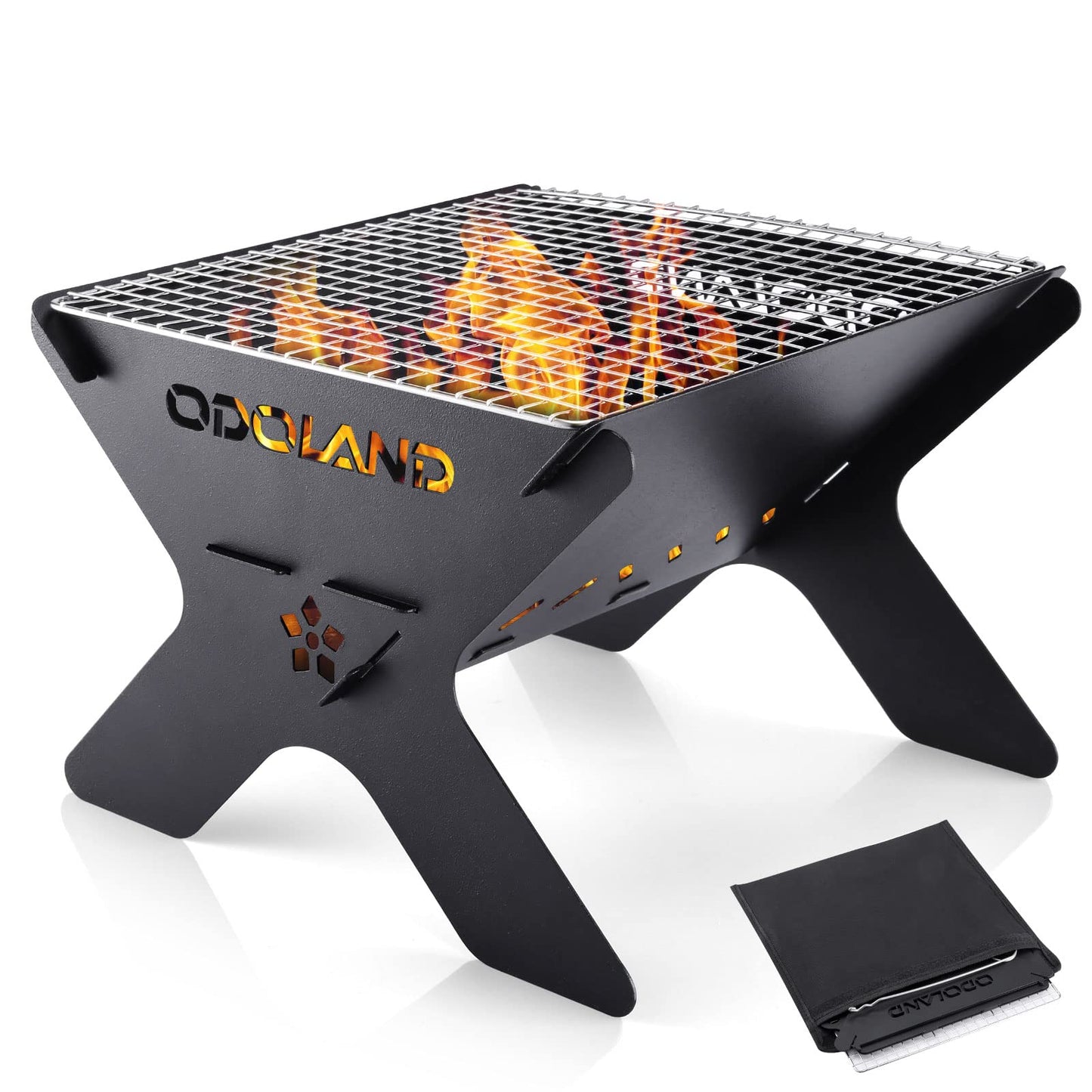 Odoland Camping Fire Pit, Portable Fire Pit for Camping, 2 in 1 Wood Burning Fire Grill with Detachable Cooking Grate for Outside BBQ, with Carry Bag