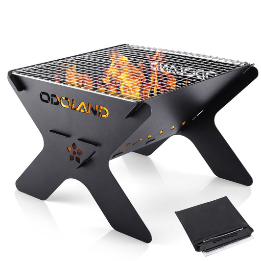 Odoland Camping Fire Pit, Portable Fire Pit for Camping, 2 in 1 Wood Burning Fire Grill with Detachable Cooking Grate for Outside BBQ, with Carry Bag