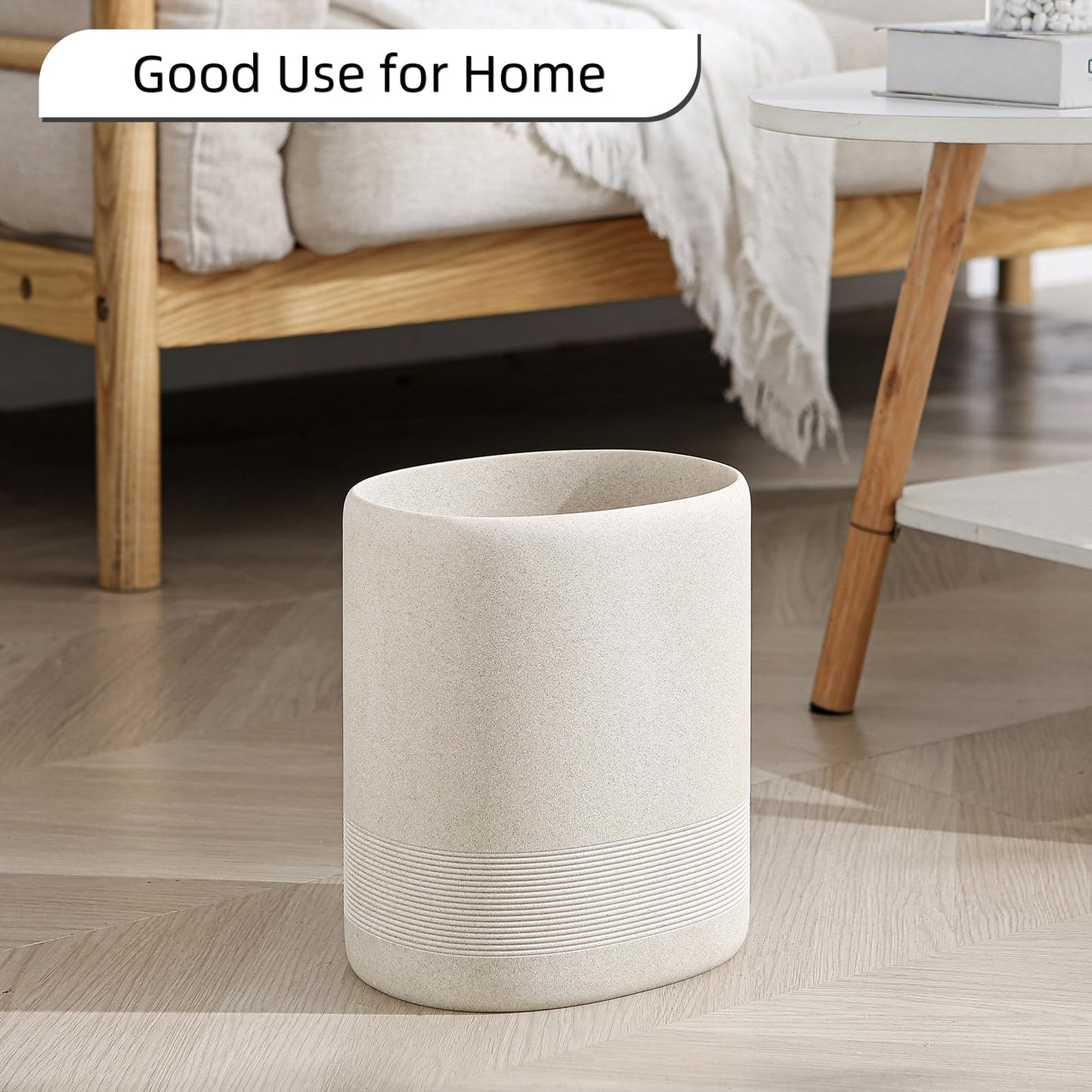 Haocoott Bathroom Trash Can, 1.6 Gallon Small Trash Can Cabinet, Simple Stone Look Oval Office Garbage Bin, Decorative Waste Basket for Bedroom, Living Room, Kitchen (Beige)