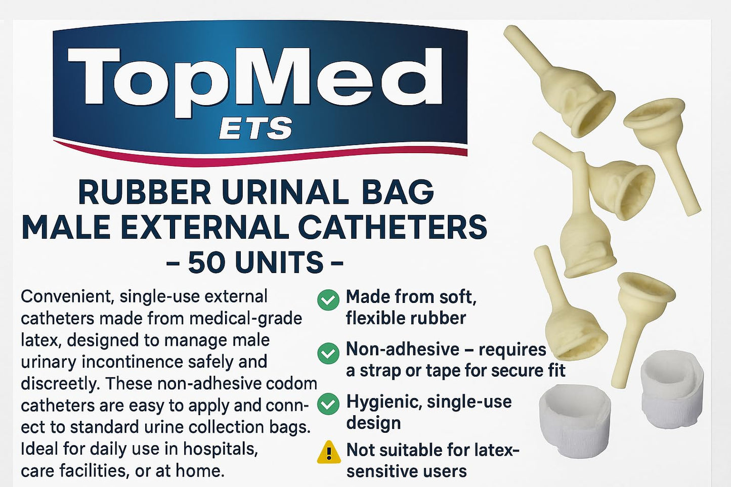 50 Rubber Urinal Bag Male External Catheter Single use 50 Count Comes with a Foam Strip for Tightening 2 Count (Large 30 mm 1.2 Inch)