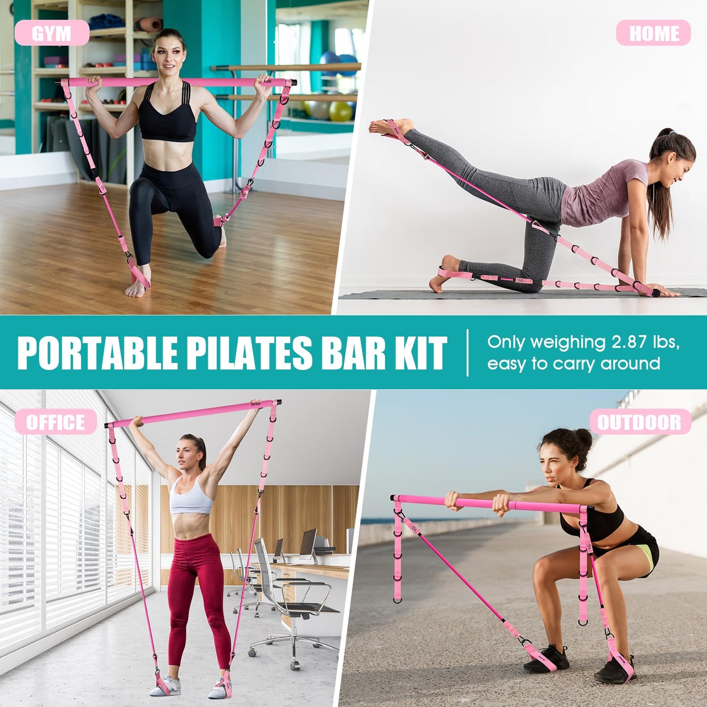Pilates Bar Kit with Resistance Bands, Pilates Workout Equipment for Legs, Hip, Waist, Arm, Squats Exercise Equipment for Home Workouts, Adjustable 3-Section Resistance Bands Bar Kit for Women & Men