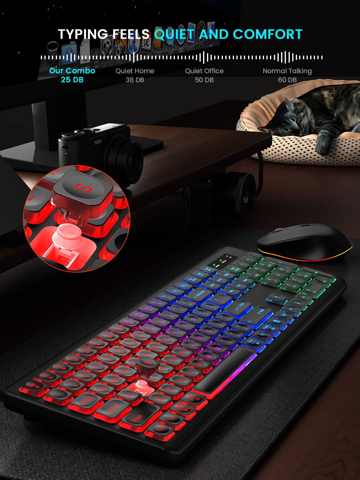 Wireless Keyboard and Mouse Combo - RGB Backlit, Rechargeable, Quiet Typing, Light-Up Keys, Full Size, Ergonomic Tilt, 2.4GHz USB Receiver for Windows, Mac, Laptop, PC, Trueque (Black)