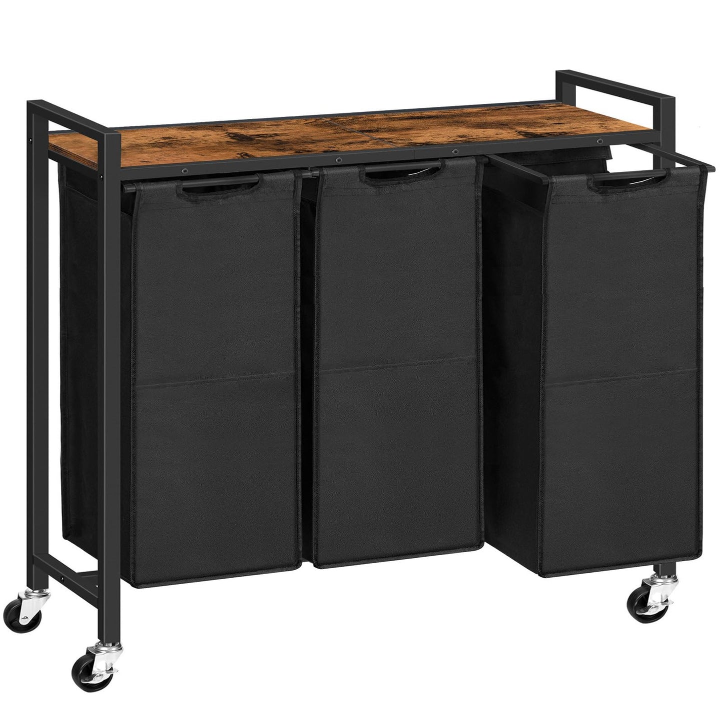 HOOBRO Laundry Sorter 3 Section, Laundry Hamper with Wheels, 3 × 11.5 Gal (43.5L), Rolling Laundry Basket, 3 Pull-Out and Removable Oxford Fabric Laundry Bags, Rustic Brown and Black BF76XY01