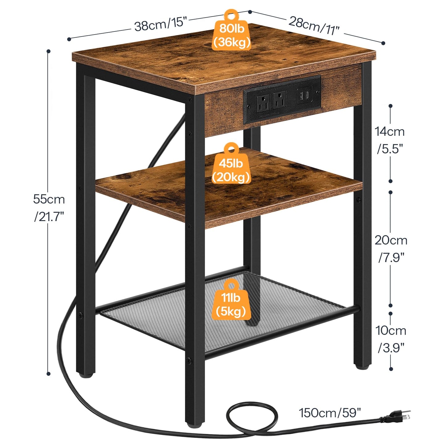 HOOBRO End Table with Charging Station and USB Ports, 3-Tier Nightstand with Adjustable Shelf, Narrow Side Table for Small Space in Living Room, Bedroom and Balcony, Rustic Brown BF112BZ01