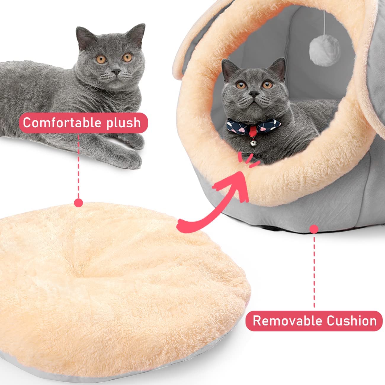 PowerKing Cat Bed for Indoor Cats,Cat House Furniture for Pet Kitten Tent Cave,Cute Dog Beds for Puppy Medium Dogs with Removable Washable Soft Cushioned Pillow,Grey