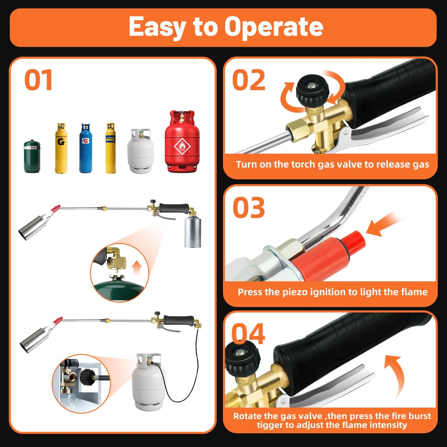 Gusil Propane Weed Torch,2,800,000 BTU Weed Burner Torch with 14FT Hose, Extended Detachable Blow Torch with self-igniter and Turbo Trigger, for Weeding,Roofing,Melting Snow,Road Paint Removing