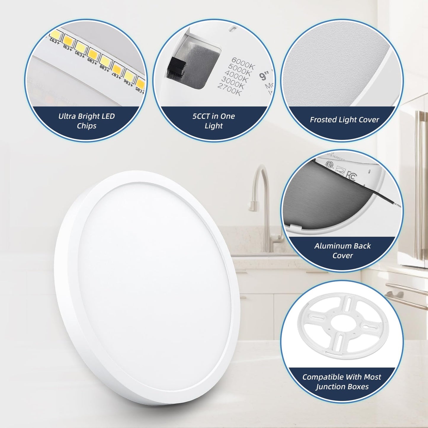 ECOELER 9 inch LED Ceiling Light Fixture, 2700/3000/4000/5000/6000K Adjustable Surface Mount Ceiling Lamp, 24W 1800Lm Flush Mount Ceiling Light for Kitchen, Stairwell, Porch, Basement, 2 Pack