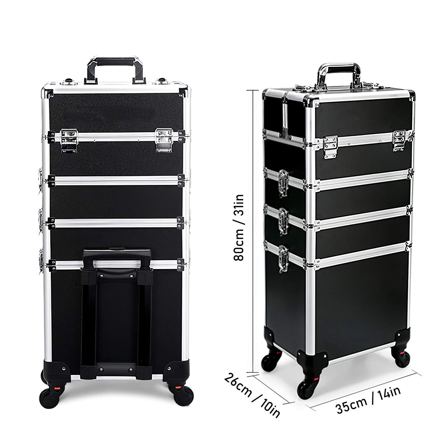 4 in 1 Rolling Makeup Case Professional Cosmetic Trolley, Aluminum Makeup Train Case with 360° Swivel Wheels, Lockable Storage Organizer for Beauty, Salon, Travel, Jewelry