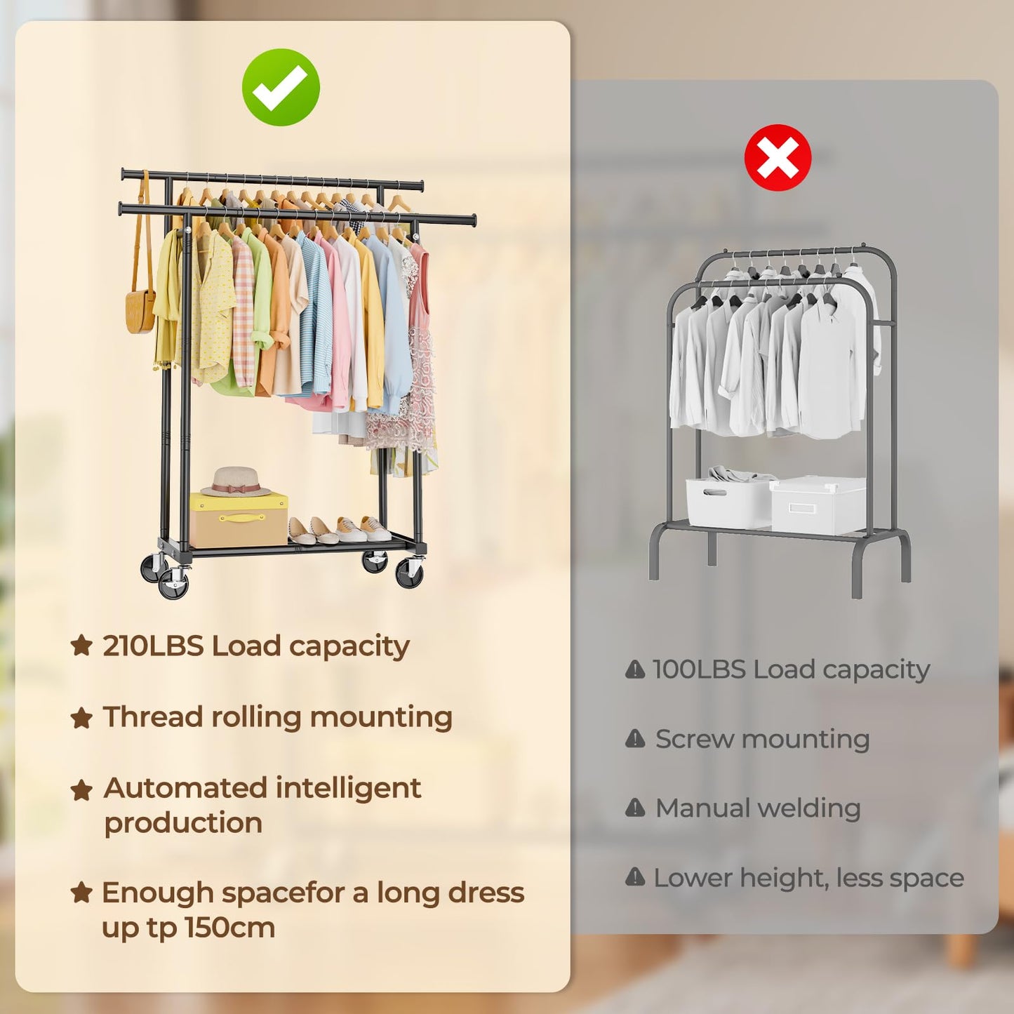 HYSEYY Double Rods Clothing Rack, Rolling Clothes Rack, Metal Garment Rack with 4 Lockable Wheels & Storage Shelf, Sturdy Coat Rack for Bedroom, Laundry, Living Room - 160H x 113W x 42D cm (Black)