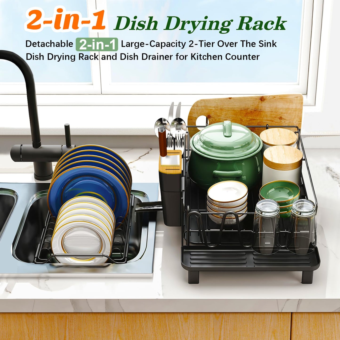 Runnatal Large Dish Drying Rack with Drainboard Set, Extendable Dish Rack, Utensil Holder, Cup Holder, Large-Capacity 2-Tier Dish Drying Rack, Expandable Dish Drainer for Kitchen Counter
