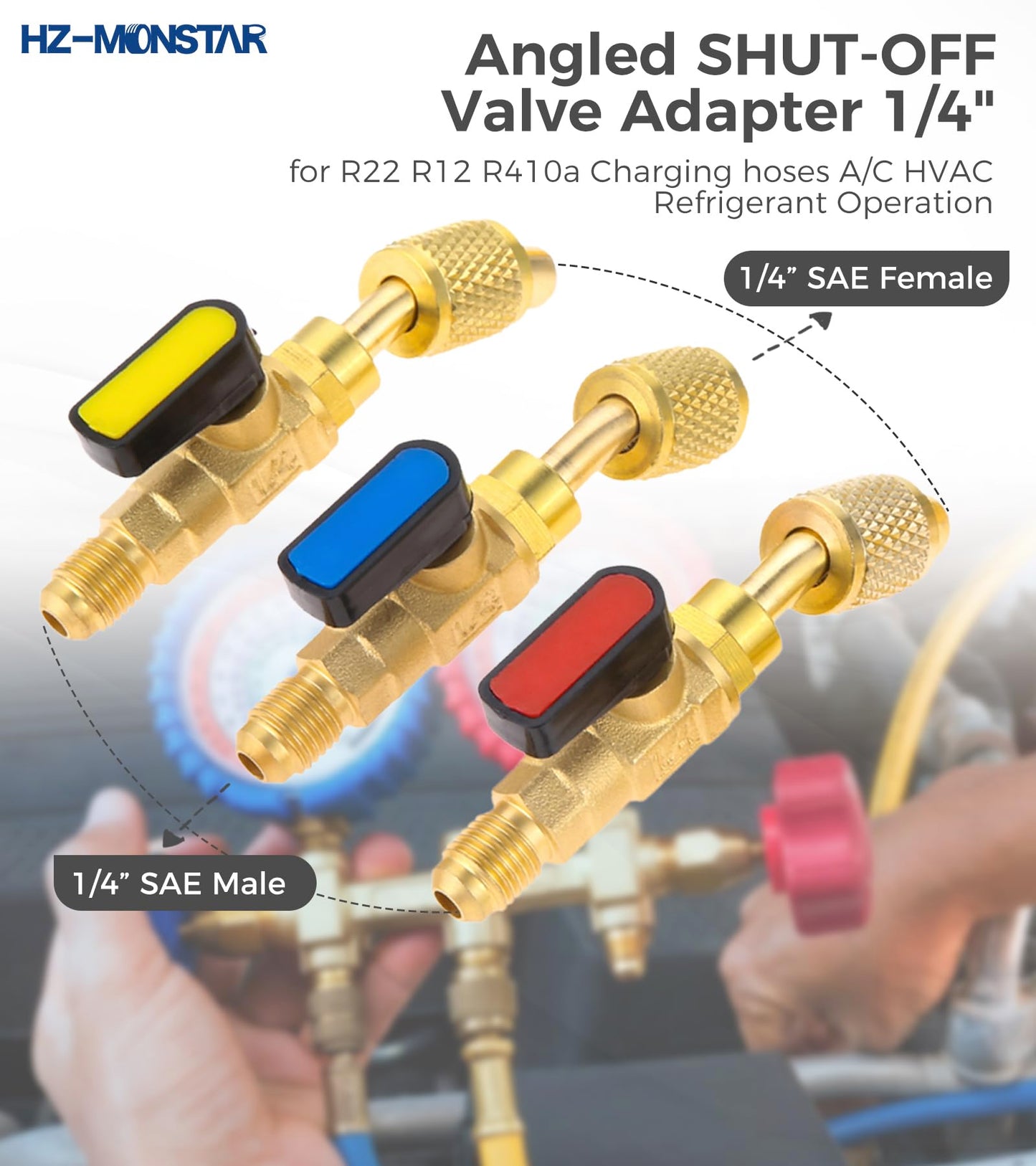 R410A R22 Valve Core Remover Installer Tool kit with Dual Size 1/4" & 5/16" Port, R410A R134A HVAC Angled Shut-Off Ball Valve Adapter 1/4" SAE for A/C R12 R22 R502 Charging Hose AC Refrigerant Tool
