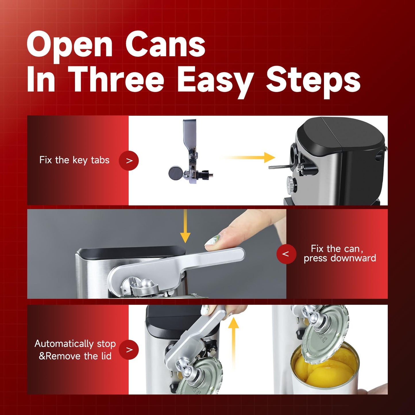 Davivy Can Opener Electric Extra-Tall, Stainless Steel 3-in-1 Can Opener with Knife Sharpener & Bottle Opener, Automatic One-Touch Operation, Wide Stable Base, Cord Storage (Stainless Steel + Black)