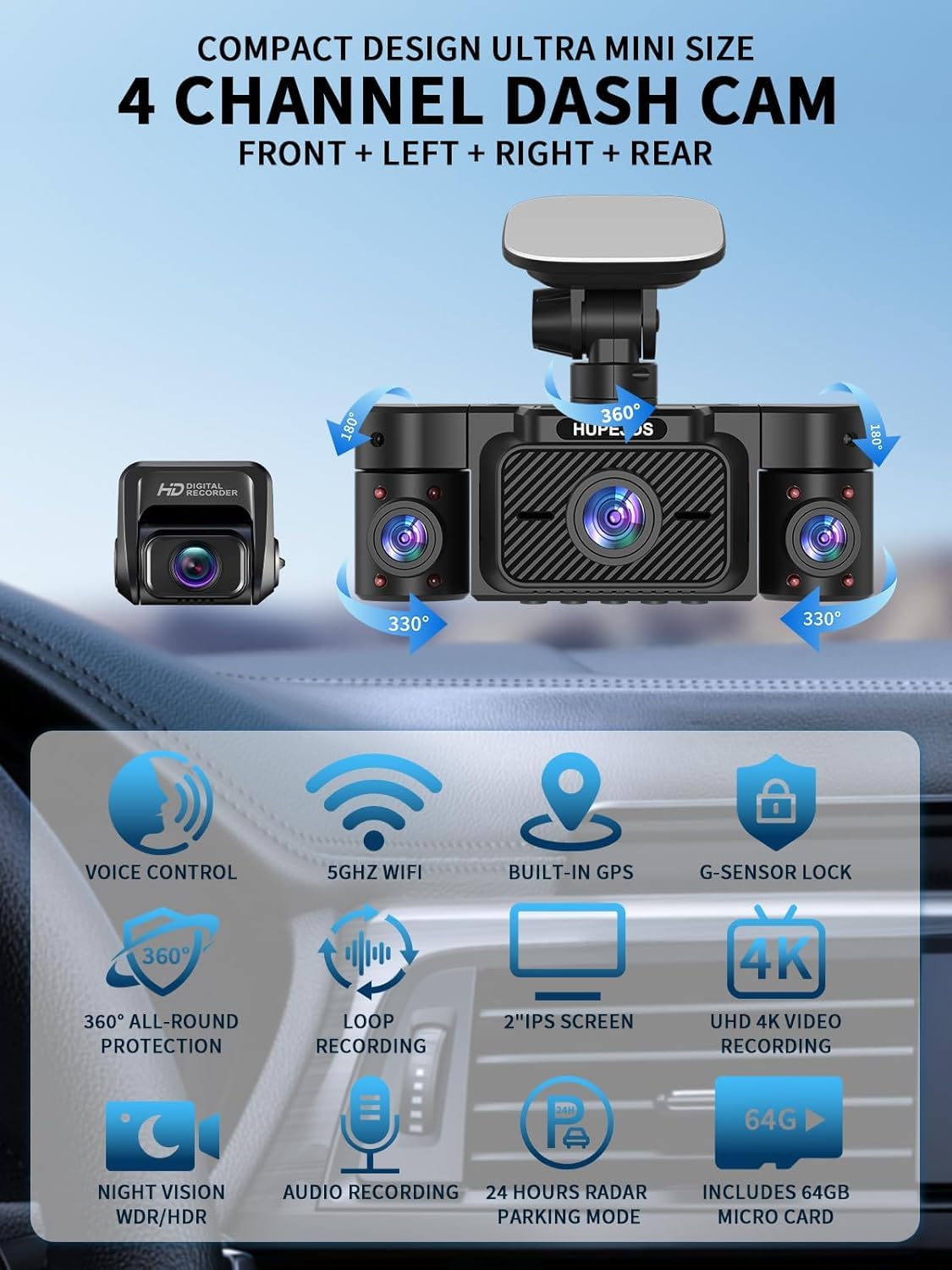 4K Dash Cam, Dashcam Front and Rear, Car Camera 4 Channel, 4K/2K UHD Dash Camera for Cars, Dash Cam Built-in 5GHz WiFi GPS Voice Control, Night Vision, with 64GB Card, 24H Parking Mode V50