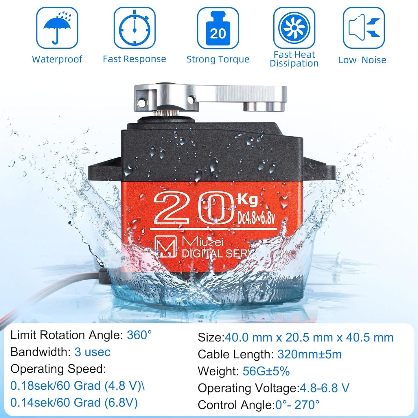 Miuzei 20KG Servo Motor High Torque Digital Servo Metal Waterproof Servo for R/C Car Robot, DS3218 Control Angle 270° (4)