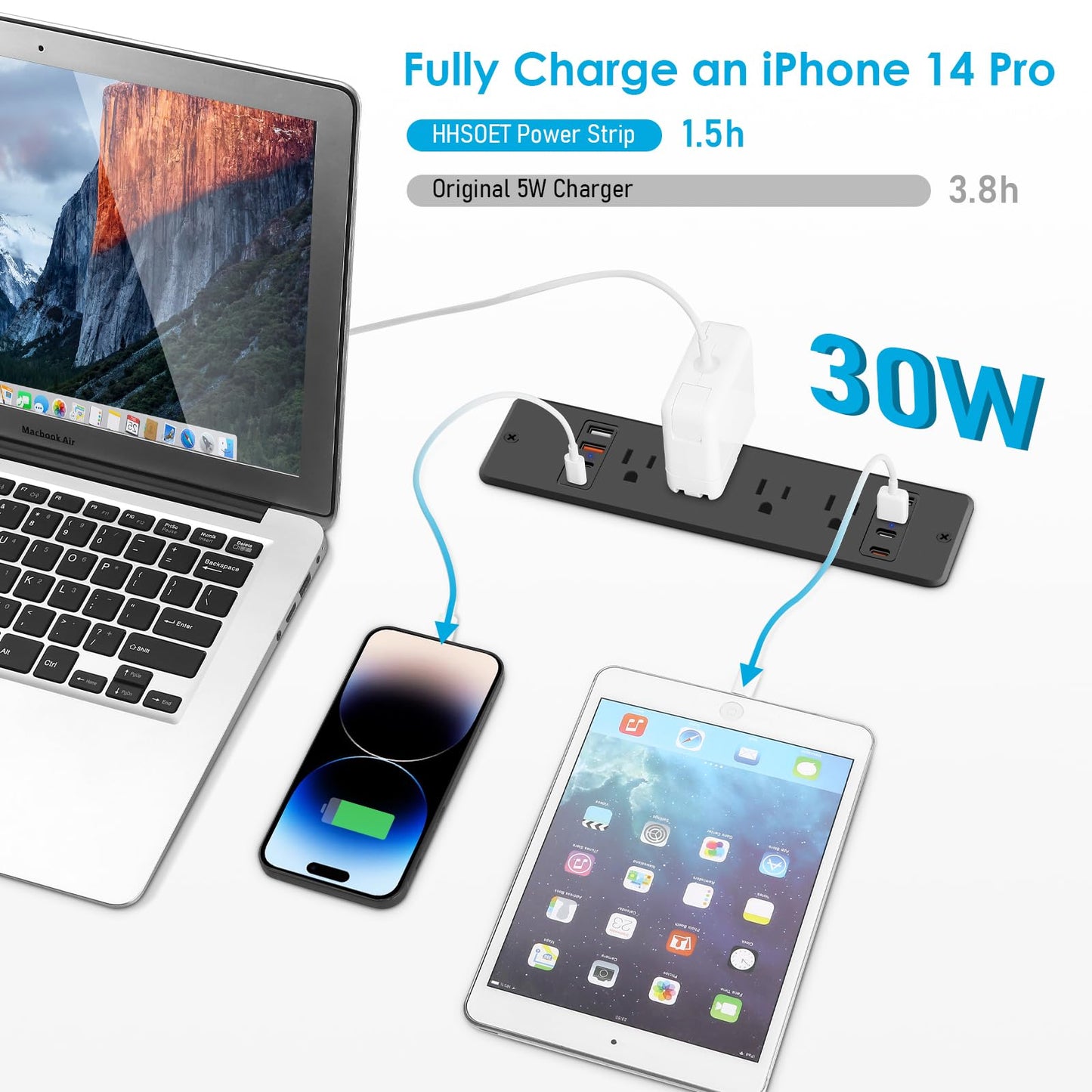 8 Outlet Recessed Power Strip, 30W Fast Charging Furniture Power Outlet USB C, 4 USB-A and 4 USB-C, 6ft Power Cord.
