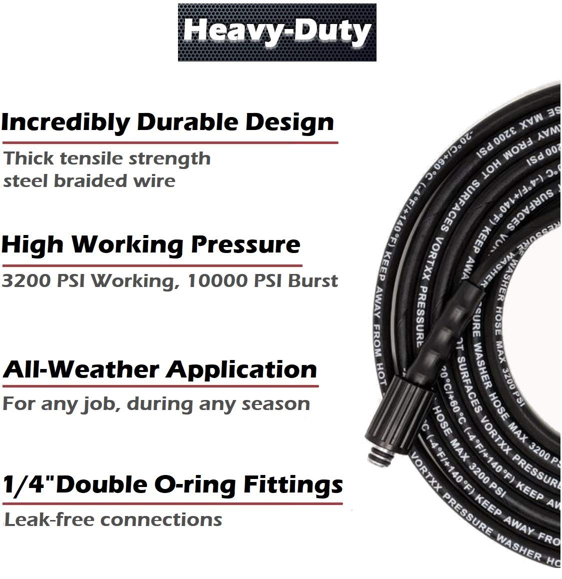 Vortxx Heavy Duty 1/4" x 25FT Pressure Washer Extension Hose for Sun Joe SPX Series, SPX-25HD, M22-15mm, 3200 PSI Steel Wire Braided & Synthetic Rubber Jacket, Kink Resistant