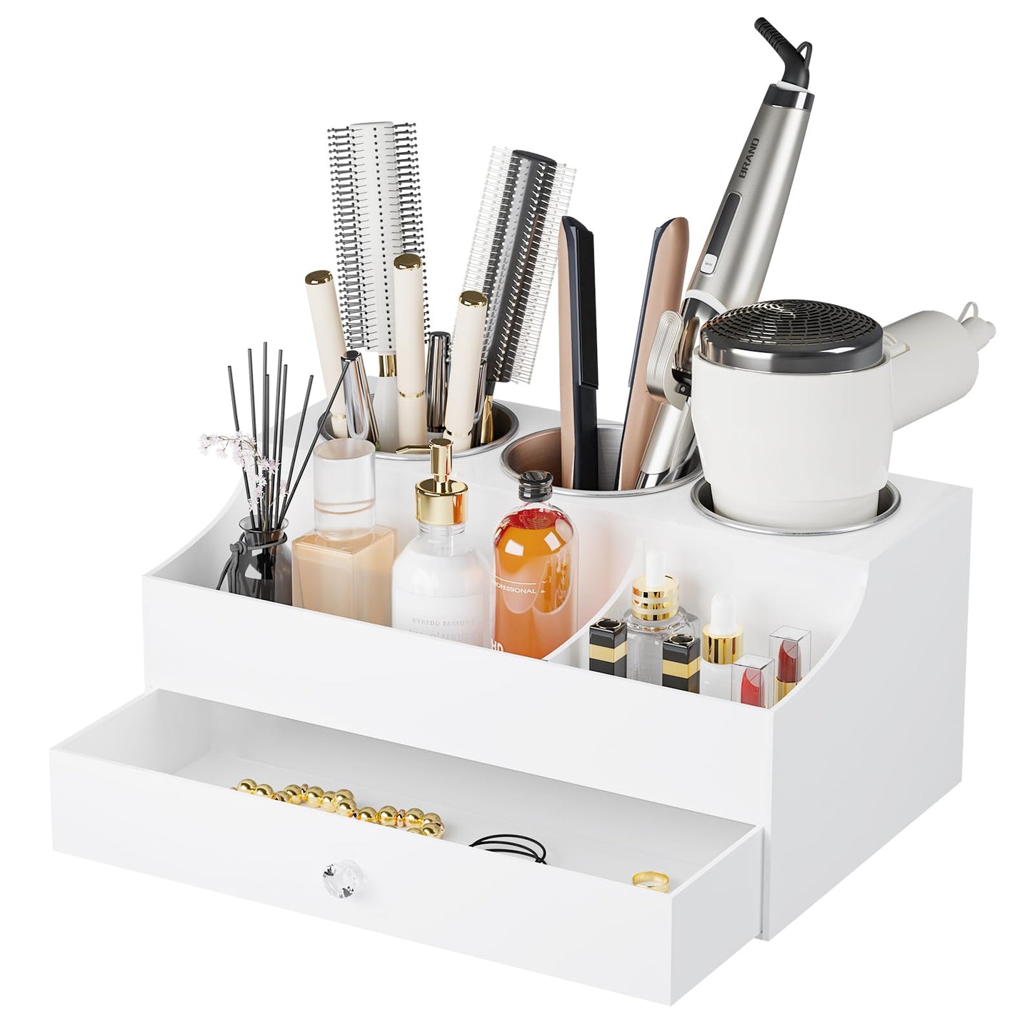 Hair Tool Organizer, Acrylic Hair Blow Dryer Holder Stand for Straightener and Curling Storage, Bathroom Vanity Countertop Organization for Makeup Accessories (White)
