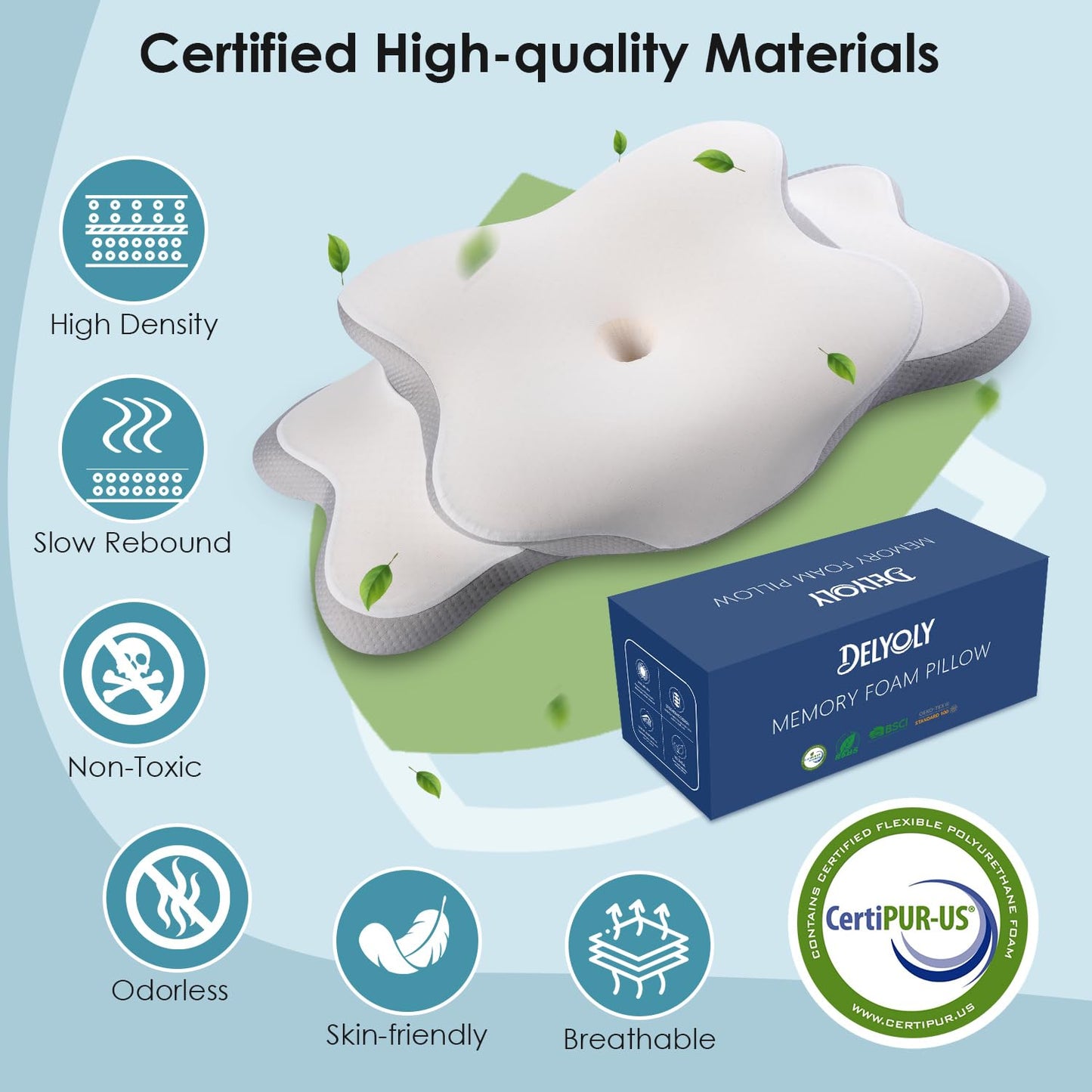 Delyoly Cervical Neck Pillow for Sleeping - Memory Foam Contour Pillow for Neck Pain Relief, Ergonomic Support for Side and Back Sleepers, Orthopedic Pillow with Breathable Ice Silk Cover（White）