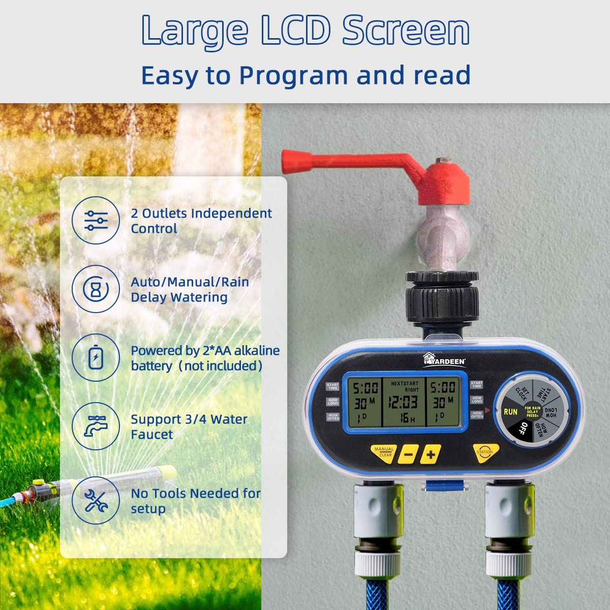 Yardeen Sprinkler Timer for Garden Hose, Programmable Hose Timer with Rain Delay/Manual/2 Solenoid Valves Garden Electronic Irrigation Controller System Color Blue