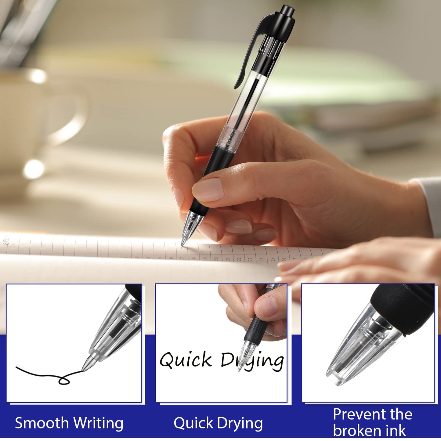 Fainne 200 Pack Retractable Ballpoint Pen 1.0 mm Medium Point Refillable Smooth Click Writing Pens With Grip for Work Journal Writing Office School Supplies(Black Ink, Blue Ink)
