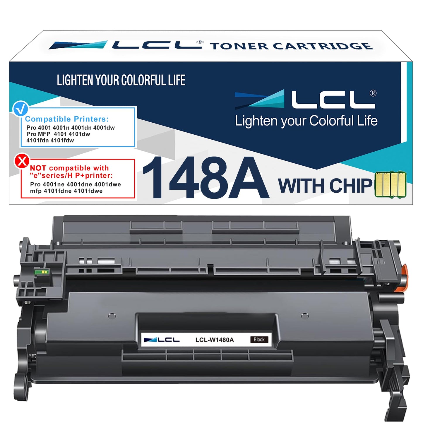 with Chip LCL 148A Black Toner Cartridge Replacement for HP 148A W1480A 148X W1480X Replacement for HP LaserJet Pro 4001 4001n 4001dn 4001dw MFP 4101 4101dw 4101fdn 4101fdw Printer (1-Pack)
