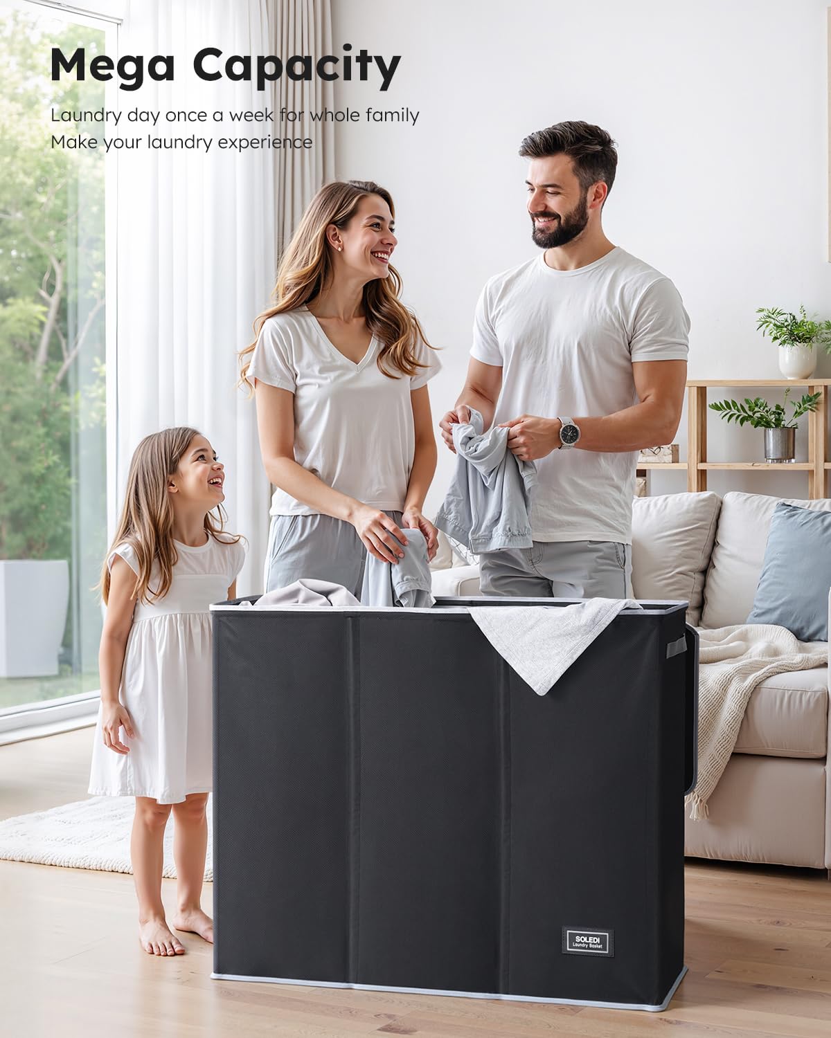 SOLEDI 180L Laundry Hamper 3 Section, Extra Large Laundry Hamper with Lid, Dirty Clothes Hamper with Sturdy Handle, Large Laundry Basket Organizer for Laundry Room, Bedroom, Hampers for Laundry-Black