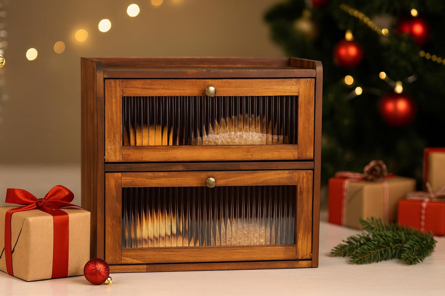 Sunhoo Bread Box for Countertop Bread Storage Bin Container Double Layer Extra Large Kitchen Counter Wood Breadbox Saver Keeper Vintage with Acrylic Window Easy to Assemble Boîte à Pain (Brown)