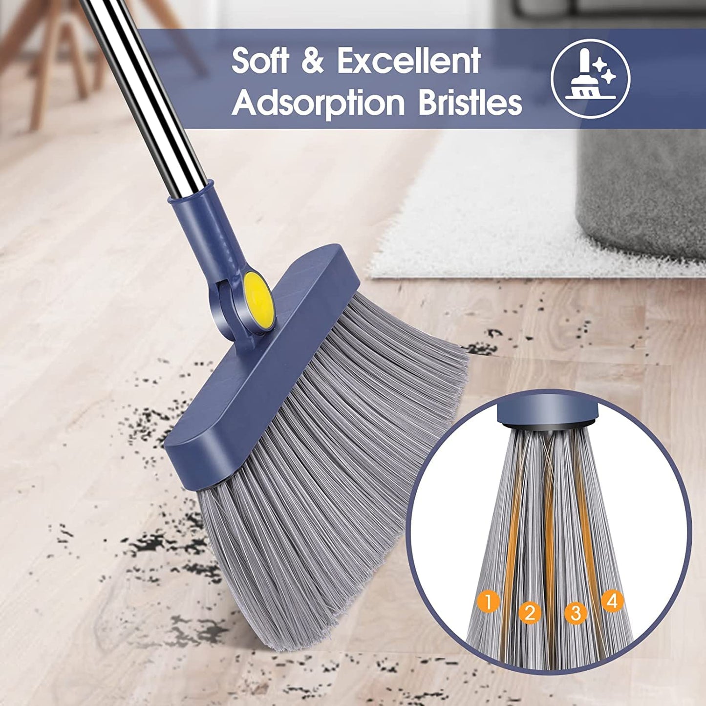 Almcmy Broom and Dustpan Set for Home, Long Handle Broom Dustpan Combo, Foldable Dustpan with Comb Teeth, Standing Broom and Dustpan Set for Home Kitchen Lobby Indoor Floor Cleaning (Navy Blue)